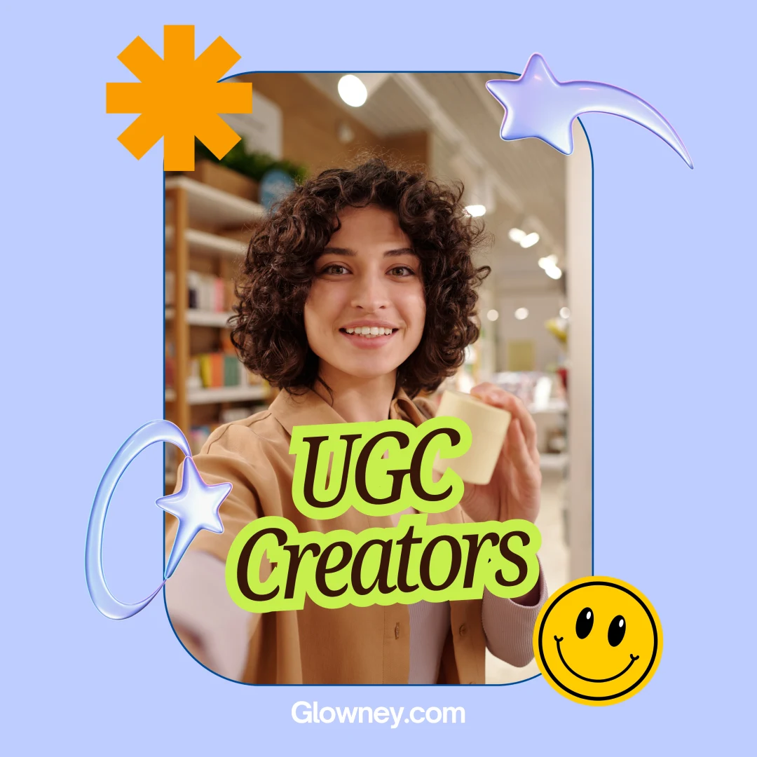Creadora UGC mostrando un producto, diseño editorial de Glowney