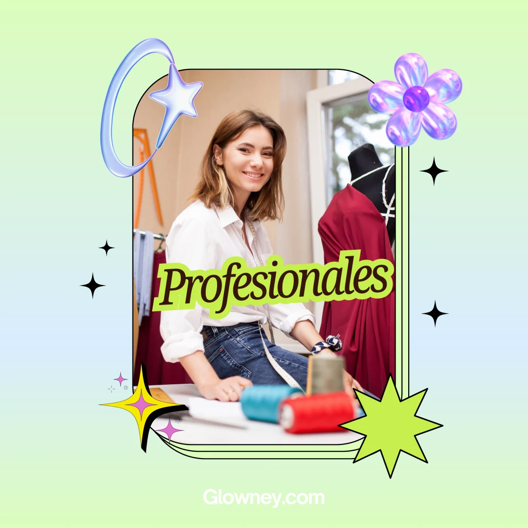 Profesional de la moda trabajando junto a un maniquí, diseño editorial de Glowney