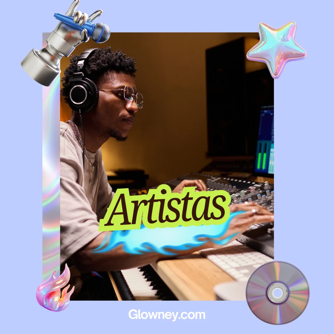 Artista trabajando en un estudio de música, diseño editorial de Glowney