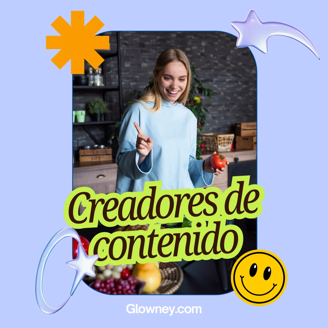 Creadora de contenido grabando una receta, diseño editorial de Glowney
