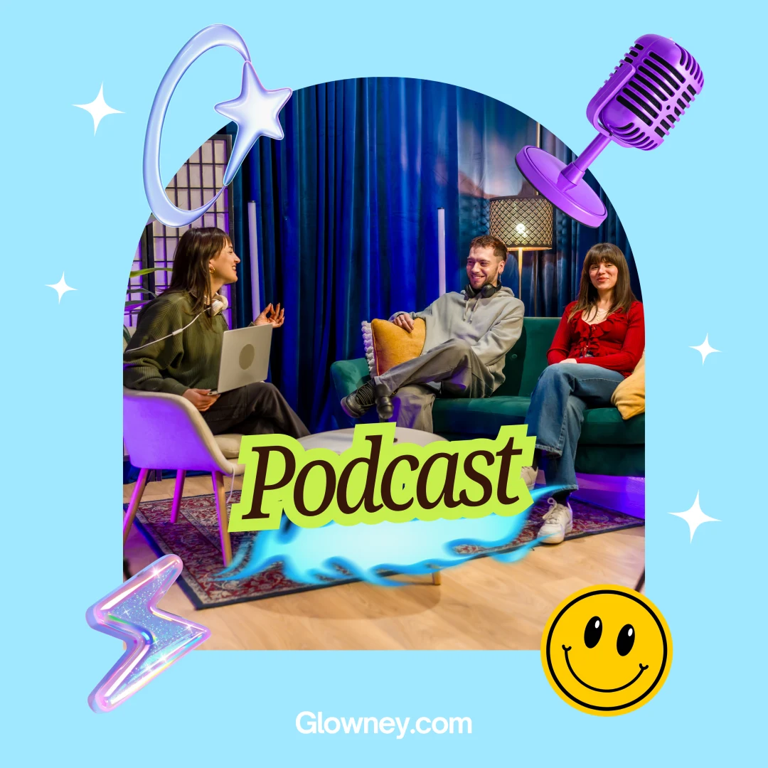 Tres personas conversando durante la grabación de un podcast, diseño editorial de Glowney