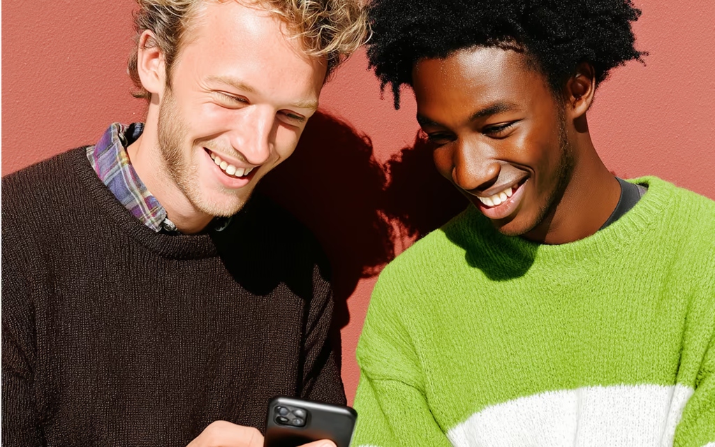 Dos personas sonriendo y compartiendo contenido desde su teléfono móvil